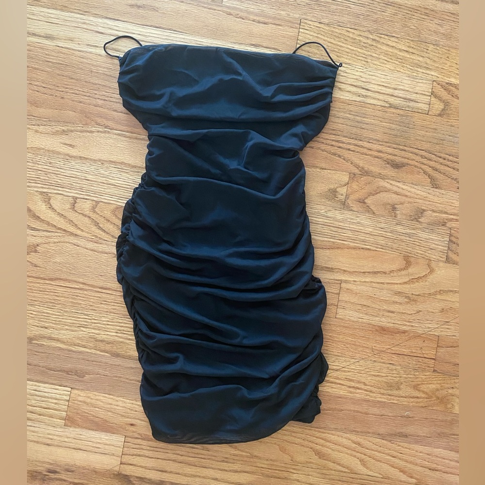 Garage black ruched mini dress, open back